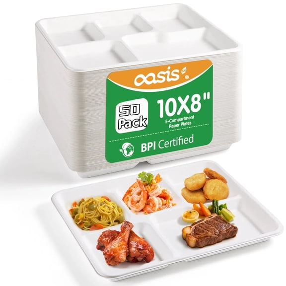 OasisSN 100% Compostable 5 Compartment Plates, 10*8 Inch 50 Pack School Lunch Tray, Plate Dividers,Heavy Duty Eco-Friendly Biodegradable Container Food Tray for Party Dinner Lunch Buffet