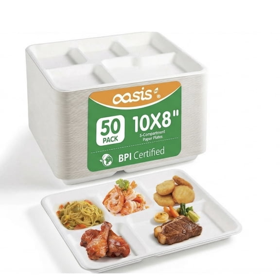 OasisSN 100% Compostable 5 Compartment Plates, 10*8 Inch 50 Pack School Lunch Tray, Plate Dividers,Heavy Duty Eco-Friendly Biodegradable Container Food Tray for Party Dinner Lunch Buffet