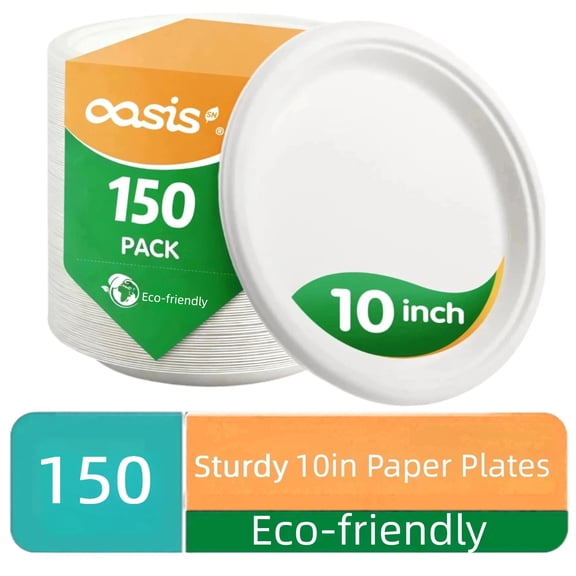 10in Paper Plates,OasisSN 150 Pack Disposable Heavy Duty Paper Plates,Bagasse Round Plates,Eco-Friendly Disposable Dinner Plate for BBQ,Picnic,Party,Big Game