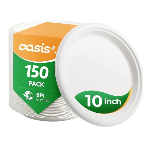10in Paper Plates,OasisSN 150 Pack Disposable Heavy Duty Paper Plates,Biodegradable Bagasse Compostable Round Plates,Eco-Friendly Disposable Dinner Plate for BBQ,Picnic,Party,Big Game