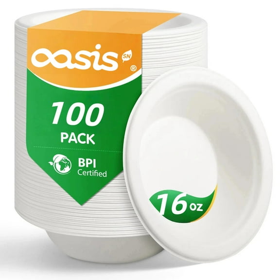OasisSN 16 Oz Paper Bowls,Microwave Safe,OasisSN Heavy Duty Biodegradable Bagasse Bowl for Snacks,Soup,and Salads, Paper Bowls for Dinner or Lunch,White,100Count