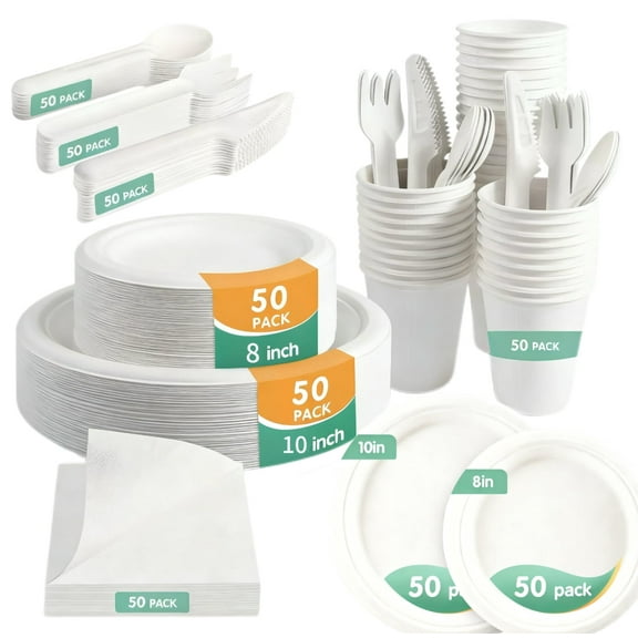 350pcs Paper Dinnerware Set,Disposable Paper Cutlery for 50 Guest