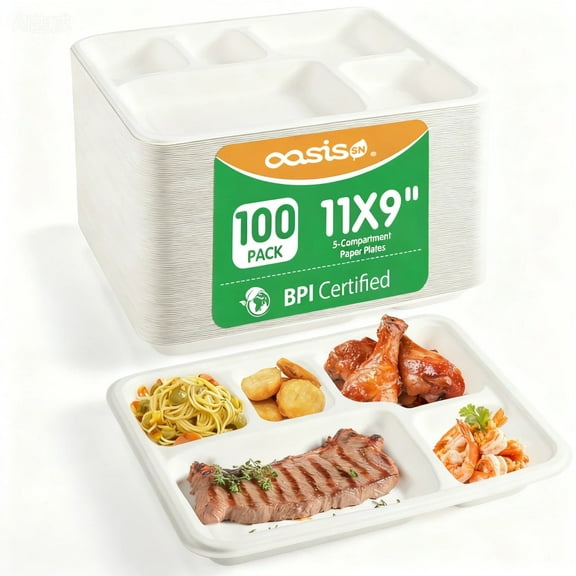OasisSN 5 Compartment Plates Disposable,Heavy Duty White Divided Disposable Plate Eco-Friendly Biodegradable Container Food Trays for Party Lunch Buffet,100pack