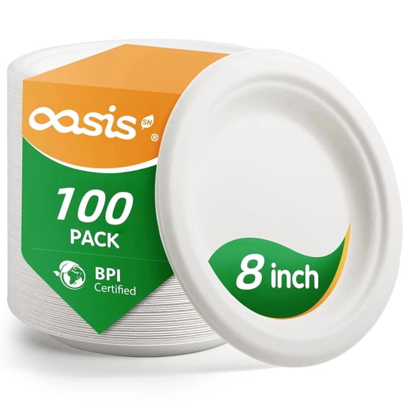 8 Inch Paper Plates,OasisSN Compostable,Disposable Plates Heavy Duty for Brunch, Biodegradable Round Plates for Traval,Picnic,Party,Home, Catering, Schools(BPI Certified,Microwaveable),100 Count