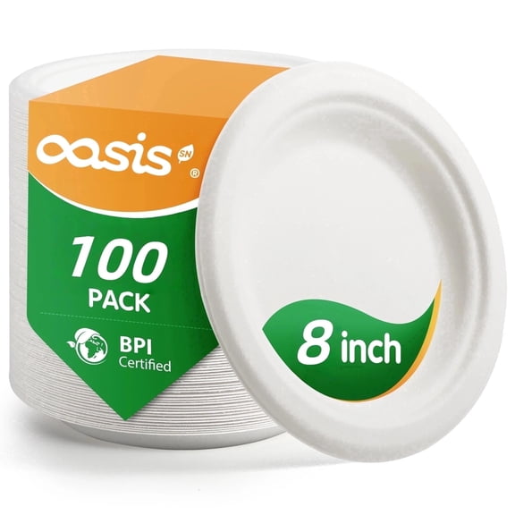8 in Paper Plates,OasisSN Compostable Disposable Plates Heavy Duty for Brunch, Biodegradable Round Plates for Traval,Picnic,Party,Home, Catering, School(Microwaveable),100 Count