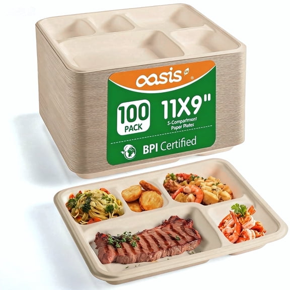 OasisSN Compartment paper plates,Heavy Duty Divided Serving Plate, Eco-Friendly Biodegradable Food Container ServingTrays for School,Lunch Buffet,100pack,Natural