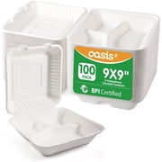 OasisSN Compostable 3-Compartment Clamshell Food Containers - 9x9" 100-Pack, Biodegradable Sugarcane To Go Boxes, Heavy Duty Paper Container - Microwave & Freezer Safe, Stackable