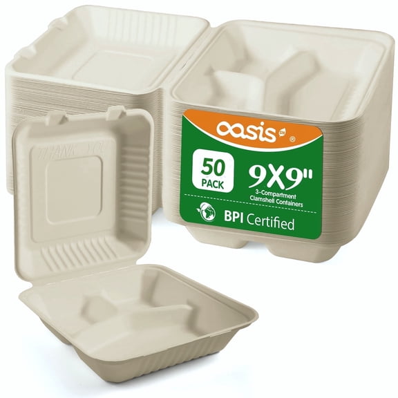 OasisSN Compostable 3-Compartment Clamshell Take Out Containers- 9x9" 50-Pack, Biodegradable Sugarcane Take Out Food Container, Heavy Duty Clamshell Container - Microwave & Freezer Safe, Stackable