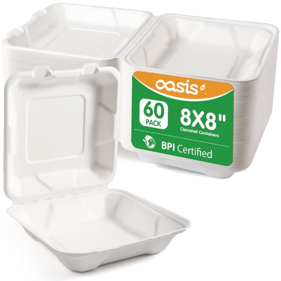 OasisSN Compostable 60 Pack 8x8 Inch Disposable Square Lunch Box Takeout Containers with Lid, To Go Take Out Clamshell for Food, Eco-Friendly Biodegradable Bagasse