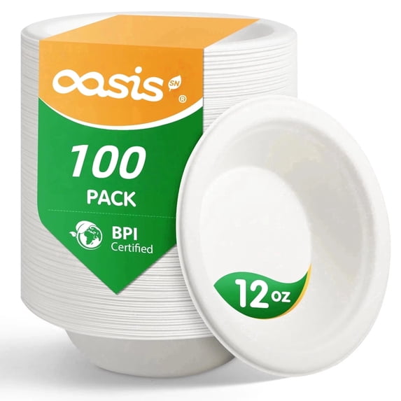 OasisSN Disposable 12 OZ Paper Bowls,Microwave Safe,Heavy Duty Biodegradable Bagasse Bowl for Snacks,Soup,and Salads, Paper Bowls for Dinner or Lunch,White,100 Count