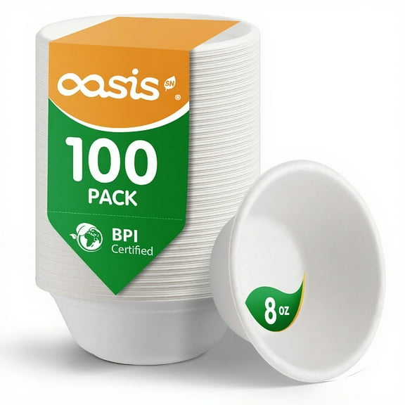 OasisSN Disposable Paper Bowls, 8 oz 100 Count,Heavy Duty Biodegradable Bagasse Bowl for Snacks,Soup,and Salads, Paper Bowls for Dinner Or Lunch,White,Microwave Safe