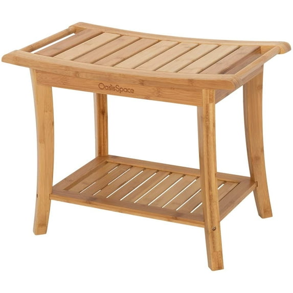 OasisSpace Bamboo Shower Bench, 24" Waterproof Shower Chair with Storage Shelf, Wood Spa Bath Organizer Seat Stool, Perfect for Indoor or Outdoor