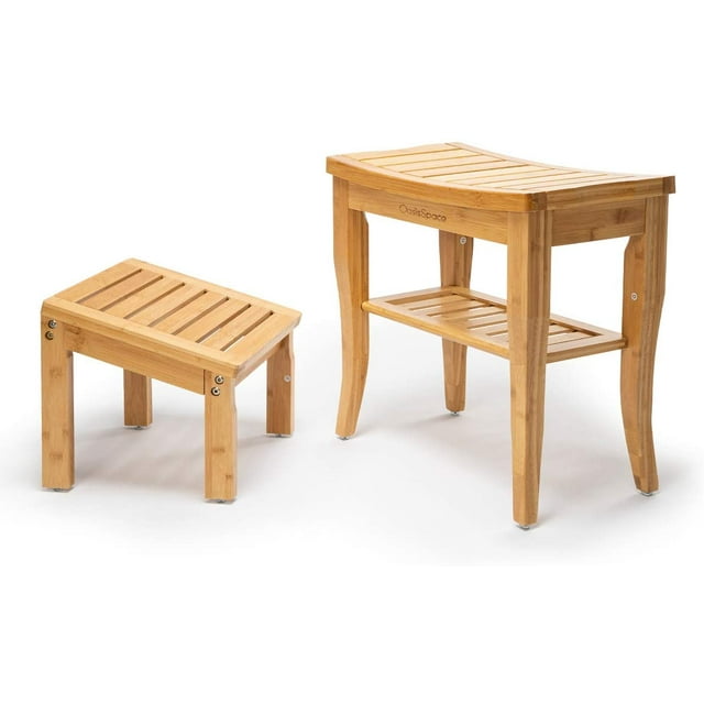 OasisSpace Bamboo Shower Bench with Underneath Storage Shelf, Wood Spa