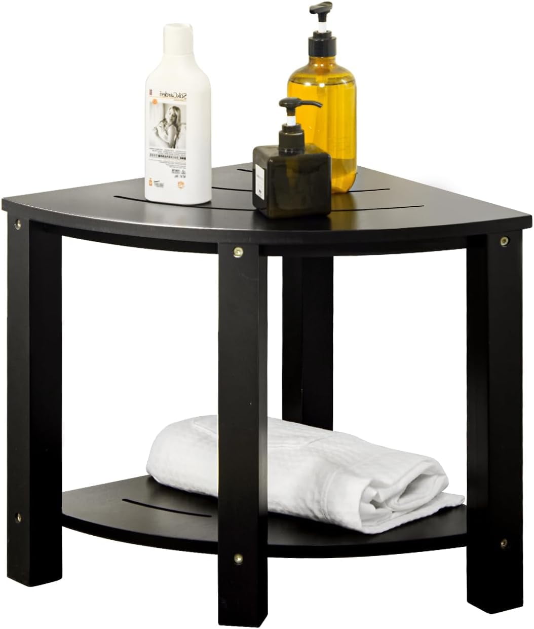 OasisSpace Corner Shower Chair Stool Seat Waterproof Black Bamboo