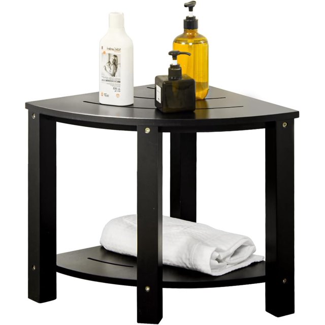 OasisSpace Corner Shower Chair Stool Seat Waterproof Black Bamboo