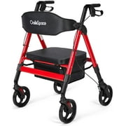 OasisSpace Heavy Duty Rollator Walker - Bariatric Rollator Walker with Large Seat for Seniors Support up to 500 lbs (Red)