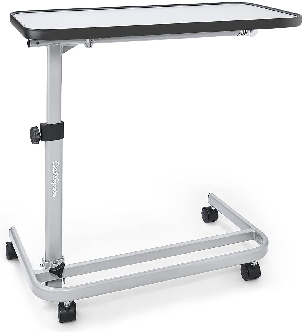 OasisSpace Overbed Table (XL) - Hospital Bed Table - Swivel Wheel Rolling  Tray - Adjustable Over Bedside Home Desk - Laptop, Reading - Bedridden, ..., image size:1042x1138