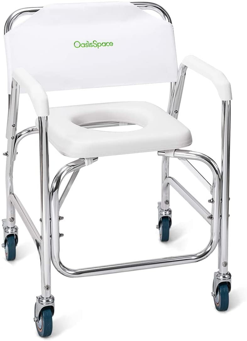 OasisSpace Rolling Shower Chair 400 lb, Rolling Commode Transport Chair with Wheels and Padded