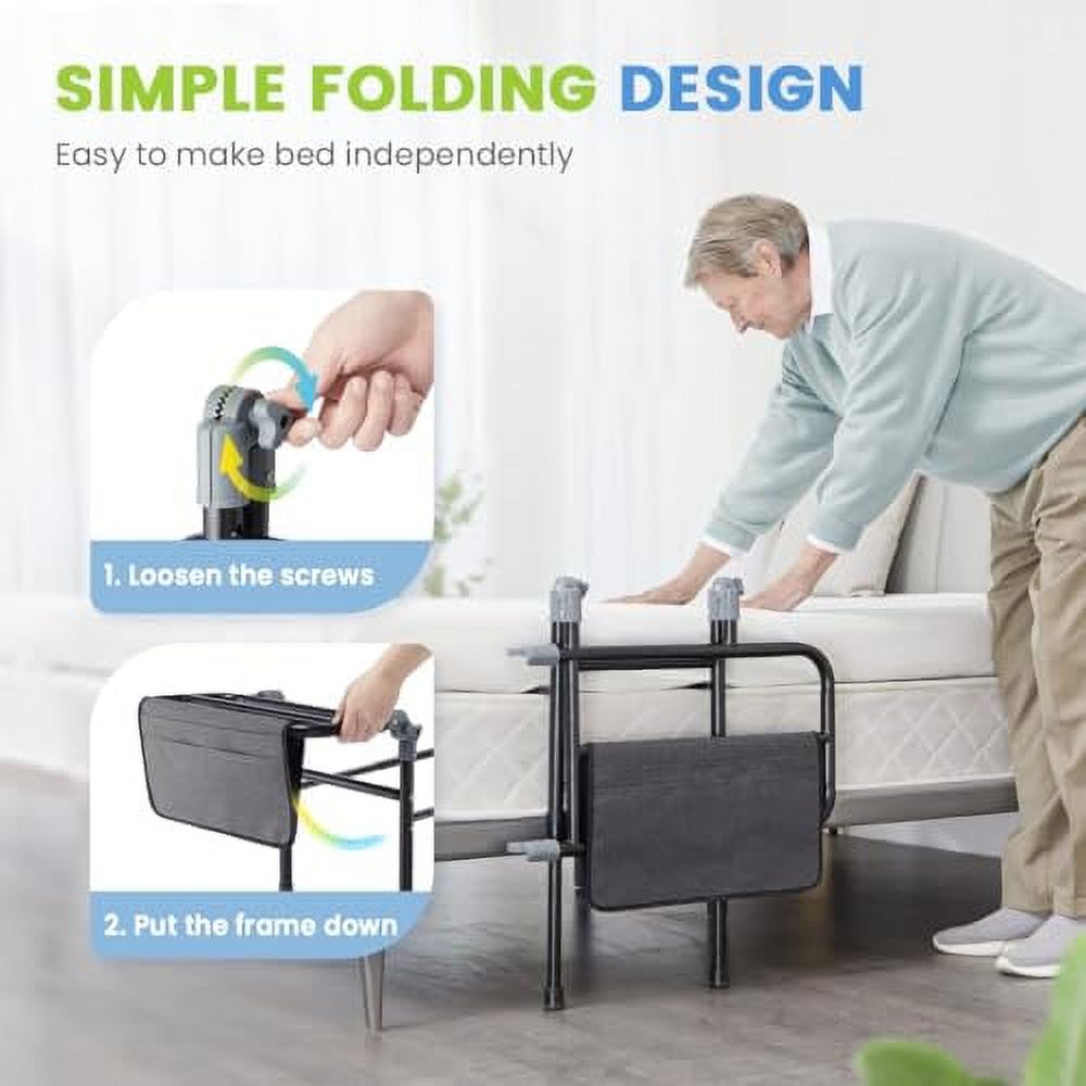 OasisSpace Safety Bed Rail, Foldable Bed Rail Assist Bar with Storage