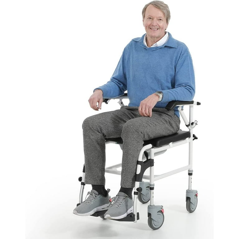 OasisSpace Shower Commode Wheelchair 300lbs Shower Wheelchair with Foldable Arms and Detachable Bucket Waterproof Rolling Shower Chair Antirust
