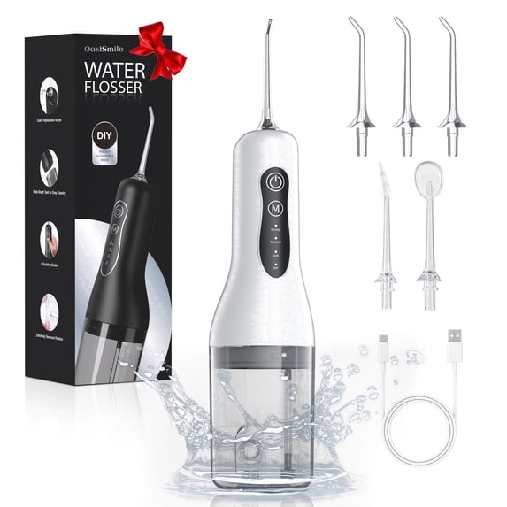 OasiSmile Water Flossers for Teeth Cordless Rechargeable, 260ML Portable Oral Irrigator with 5 Jet Tips, 4 Modes Dental Floss for Home Travel, White