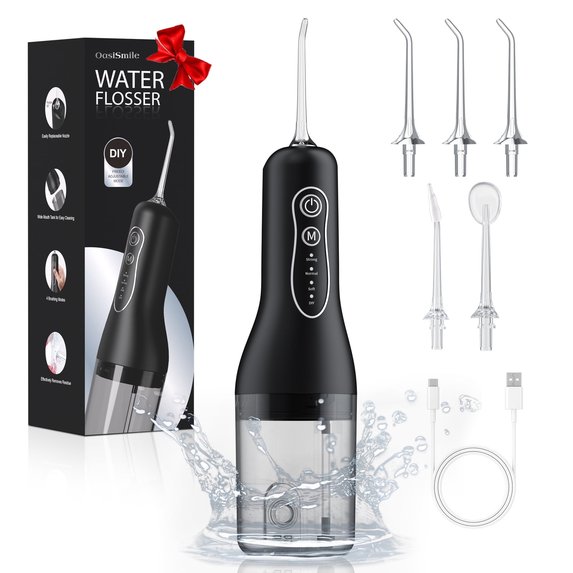 OasiSmile Water Flossers for Teeth Braces Care, Portable Cordless Travel Dental Floss 4 Modes 260ML Rechargeable Oral Irrigator with 5 Jet Tips, Black