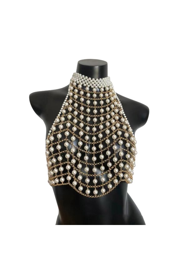 Adjustable Length Pearls Embellished Body Bra Chain for Stylish Outfits