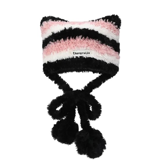 Oasiva Cat Ear Hat 2000s Girls Striped Hat Y2K Cap for Women Men Cosplay Picture Props