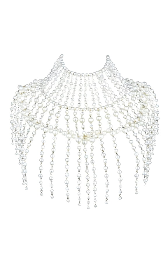 Exaggerated Layered Jewelry Shoulder Body Chain Harness Pearl Beaded Fringed Tassel Bib Choker Necklace Fake Collar