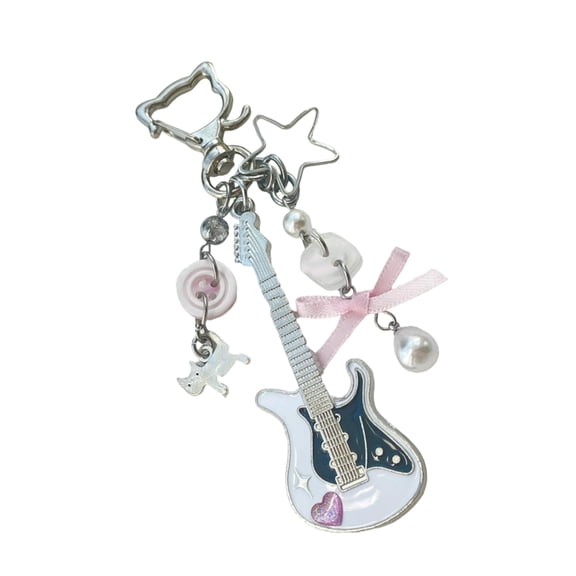 Oasiva Playful Beaded Feline Guitar Keychain Retro 2000s Style Fashion Bag Accessory