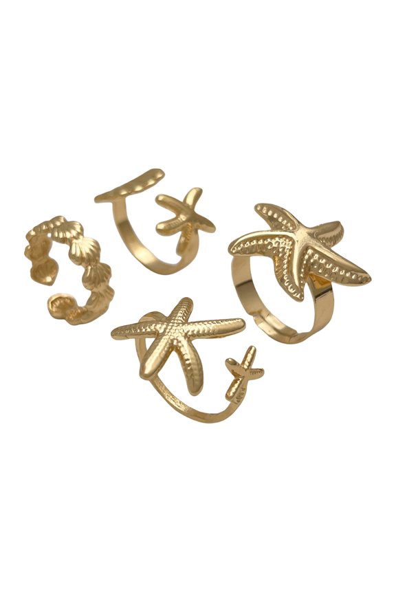 Shell Inspired Jewelry Open Rings Set Adjustable Summer Accessories for Women in Double Tone Alloy Beachwear Collection