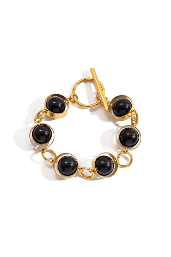 Sleek Stainless Steel Bracelet With Rotating Glass Bead And Easy Lock OT Fastener