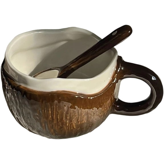 Oasiva Tropical Themed Coconuts Shell Shape Ceramic Mug With Spoon Heat Resistant Cup For Coffee Teas Lover Drinkware