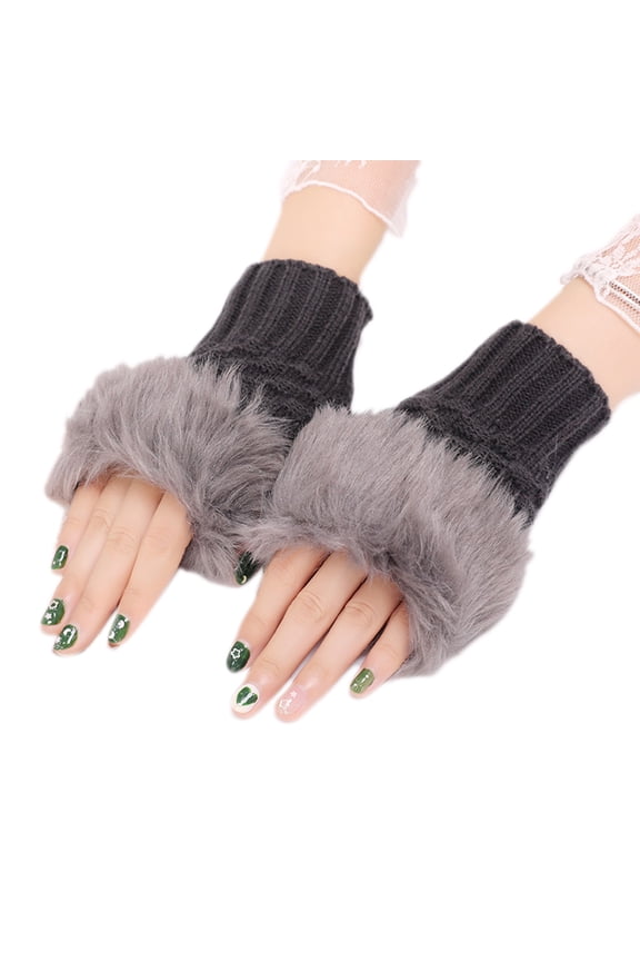 Women Winter Fluffy Plush Patchwork Half Finger Gloves Crochet Knitted Solid Color Short Fingerless Mittens Wrist Warmer