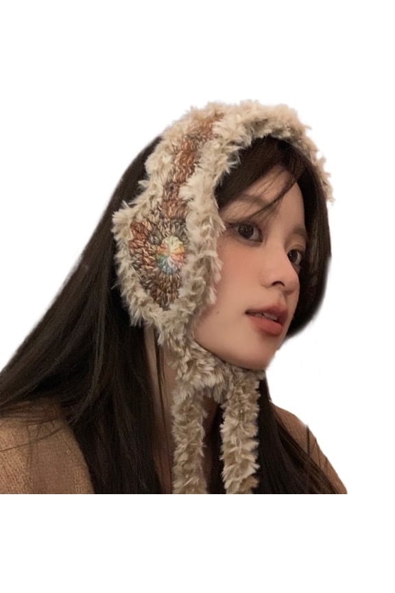 Y2K Women Winter Warm Furry Plush Earmuffs Colorful Knit Ear Warmer with Strap
