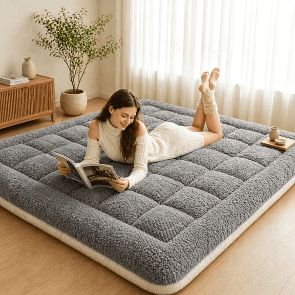Oaskys 800gsm Sherpa Futon Mattress Topper, Soft and Warm Bed Pad with 4 Secure Elastic Straps, Thick Filling Mattress Cover for Home & Dorm Beds