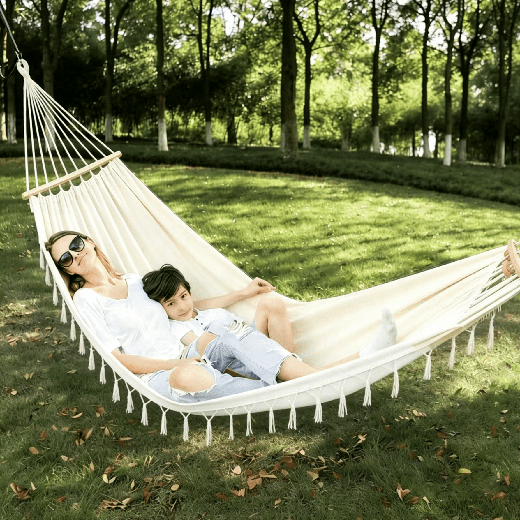 Oaskys Bohemian Style Hammock with Tassels – Handmade Rope Hammock with Wooden Spreader Bars, Heavy Duty Hanging Hammock for Outdoor Garden, Patio and Backyard