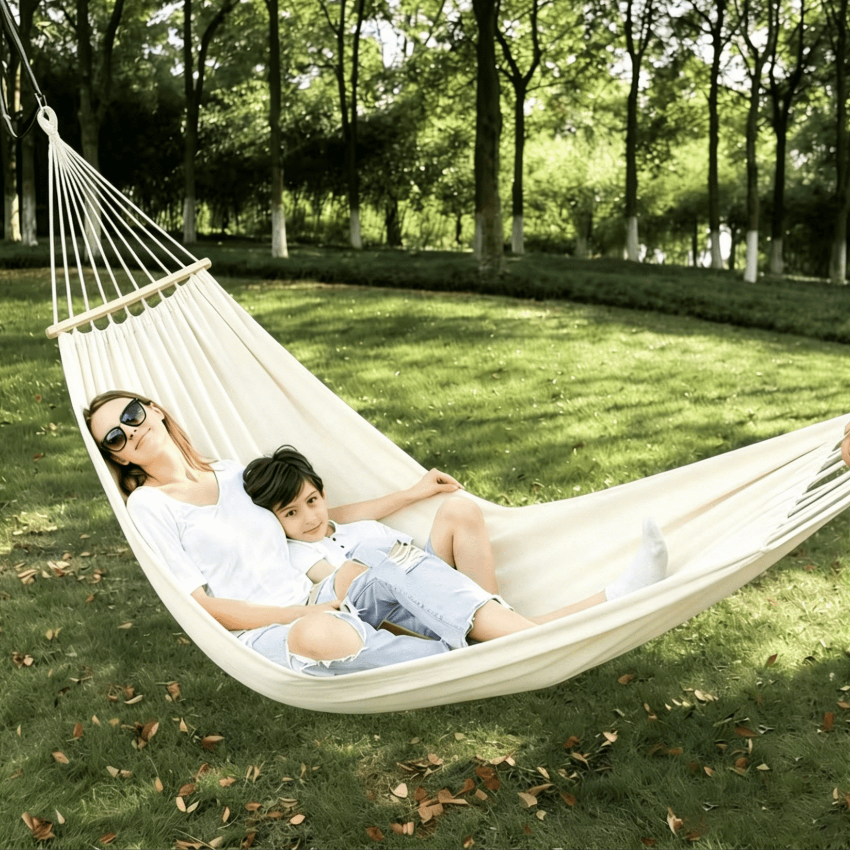 Oaskys Bohemian Style Hammock with Tassels – Handmade Rope Hammock with Wooden Spreader Bars, Heavy Duty Hanging Hammock for Outdoor Garden, Patio and Backyard