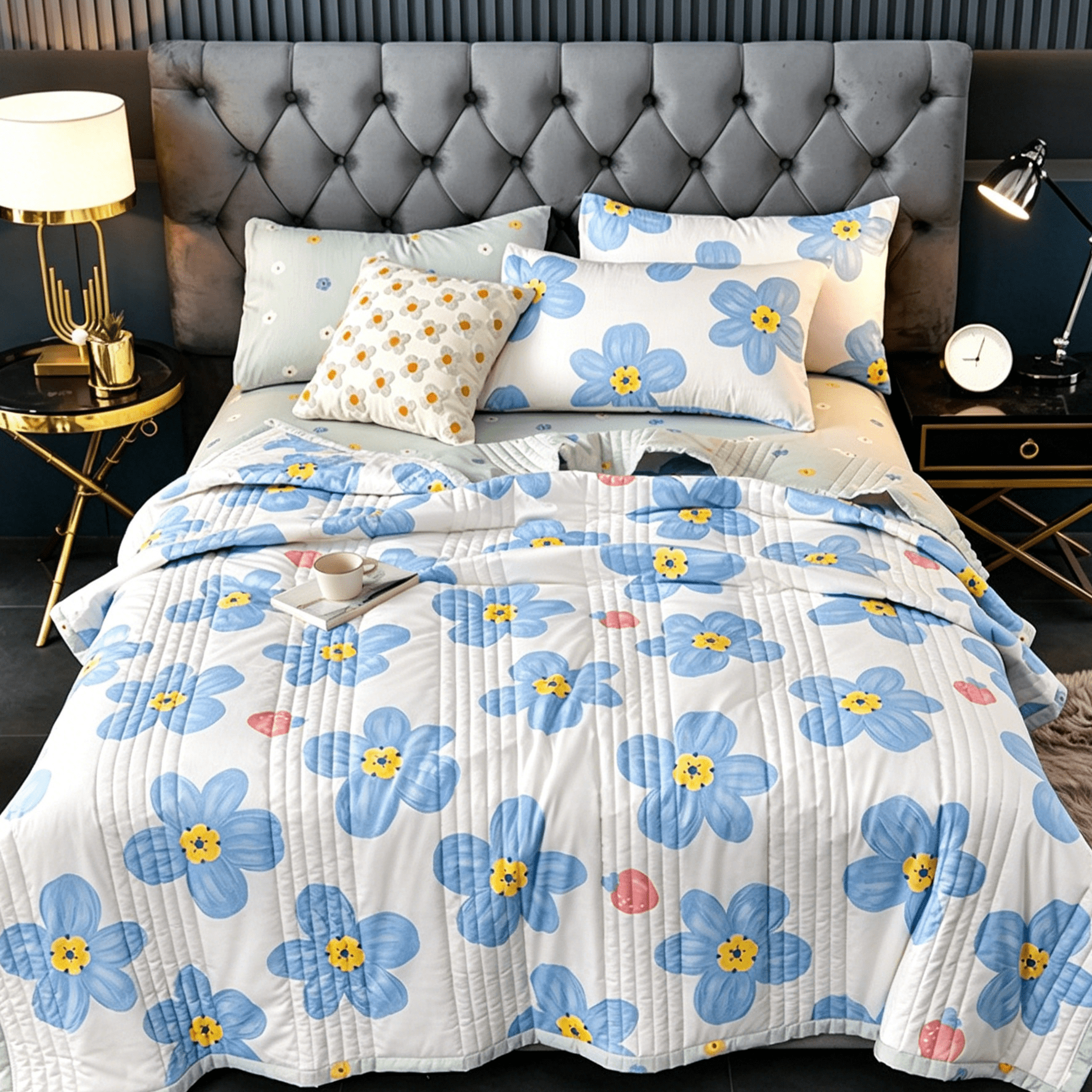 Oaskys Cartoon Flower Pattern Thin Quilt – Breathable Lightweight quilt with Cute Floral Design, Double-sided blanket for Girls, Toddlers & Teen