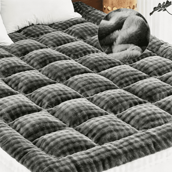 Oaskys Queen Size Faux Rabbit Fur Mattress Topper, Warm Fluffy Faux Fur Mattress Cover with Plush down Alternative Filling, Pet and Kid Friendly Use