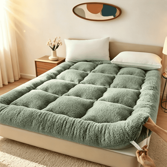 Oaskys Short Plush Mattress Topper with Elastic Fixation Belt – Soft & Warm for Secure Storage, Ideal for Sleepovers, Camping & Everyday Lounging