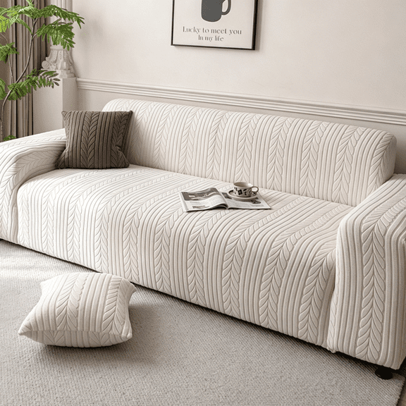 Oaskys Textured Elastic Sofa Cover – Integrated Stretch Slipcover with Woven Jacquard Design, Wrinkle Resistant & Non-Slip Furniture Protector for Living Room