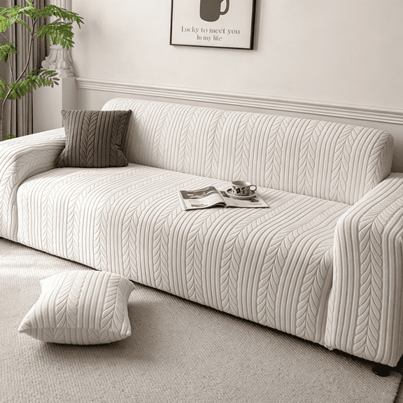 Oaskys Textured Elastic Sofa Cover – Integrated Stretch Slipcover with Woven Jacquard Design, Wrinkle Resistant & Non-Slip Furniture Protector for Living Room