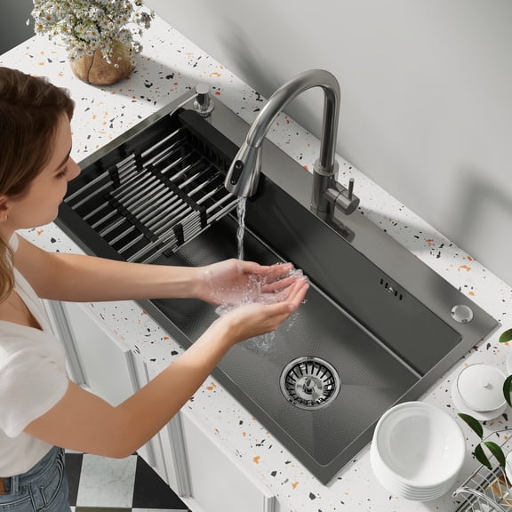 Oasskyo 32 Inch Single Bowl Kitchen Sink, Stainless Steel Black Drop In Sink with Complete Accessories