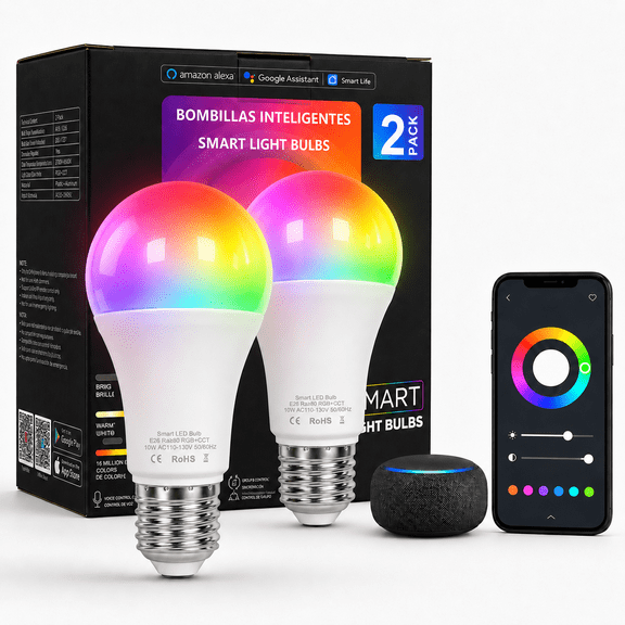 Oasskyo RGBCW Smart Light Bulb, 9W 806LM WiFi Bluetooth Color Changing Bulb, E26 Base Smart Lamp Works with Alexa Google Home, 2 Pack