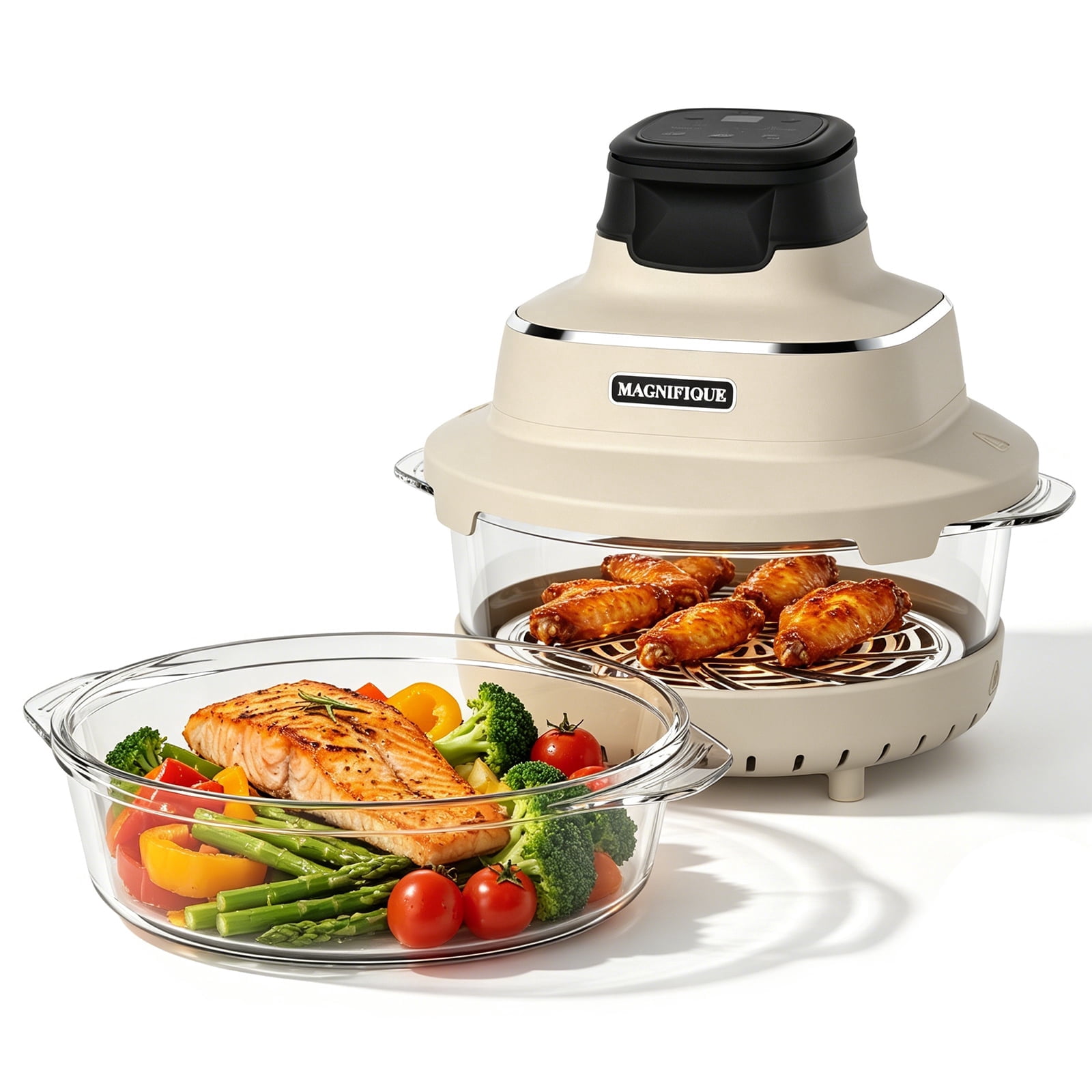 Magnifique Air Fryer with Two Replaceable Glass Pots, 4.5QT & 2.5QT, Oat White Air Crisper with Air Fry, Bake Settings