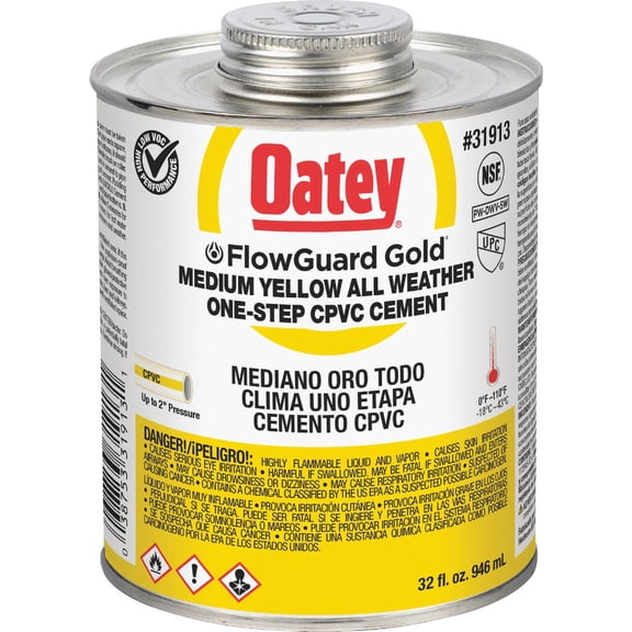 Oatey 31913 CPVC FlowGuard Gold 1-Step Fast Set Yellow Cement, 32 oz.