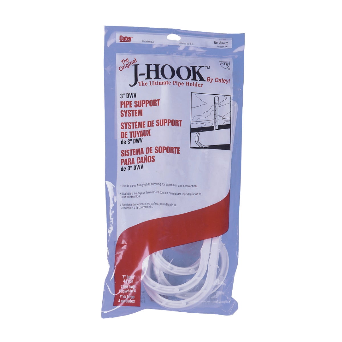 Oatey 33762 3 x 7 in. DWV J-Hook - 4 Pack