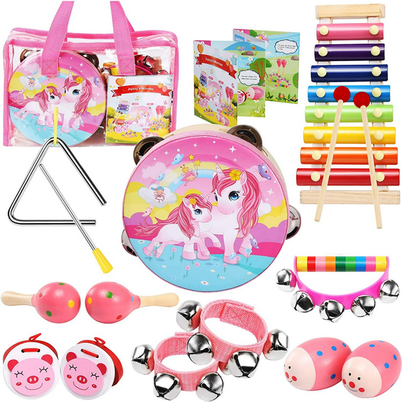 OATHX Baby Music Toys Toddler Learning Toy 12-Piece Wooden Montessori Musical Instrument Set for Kid