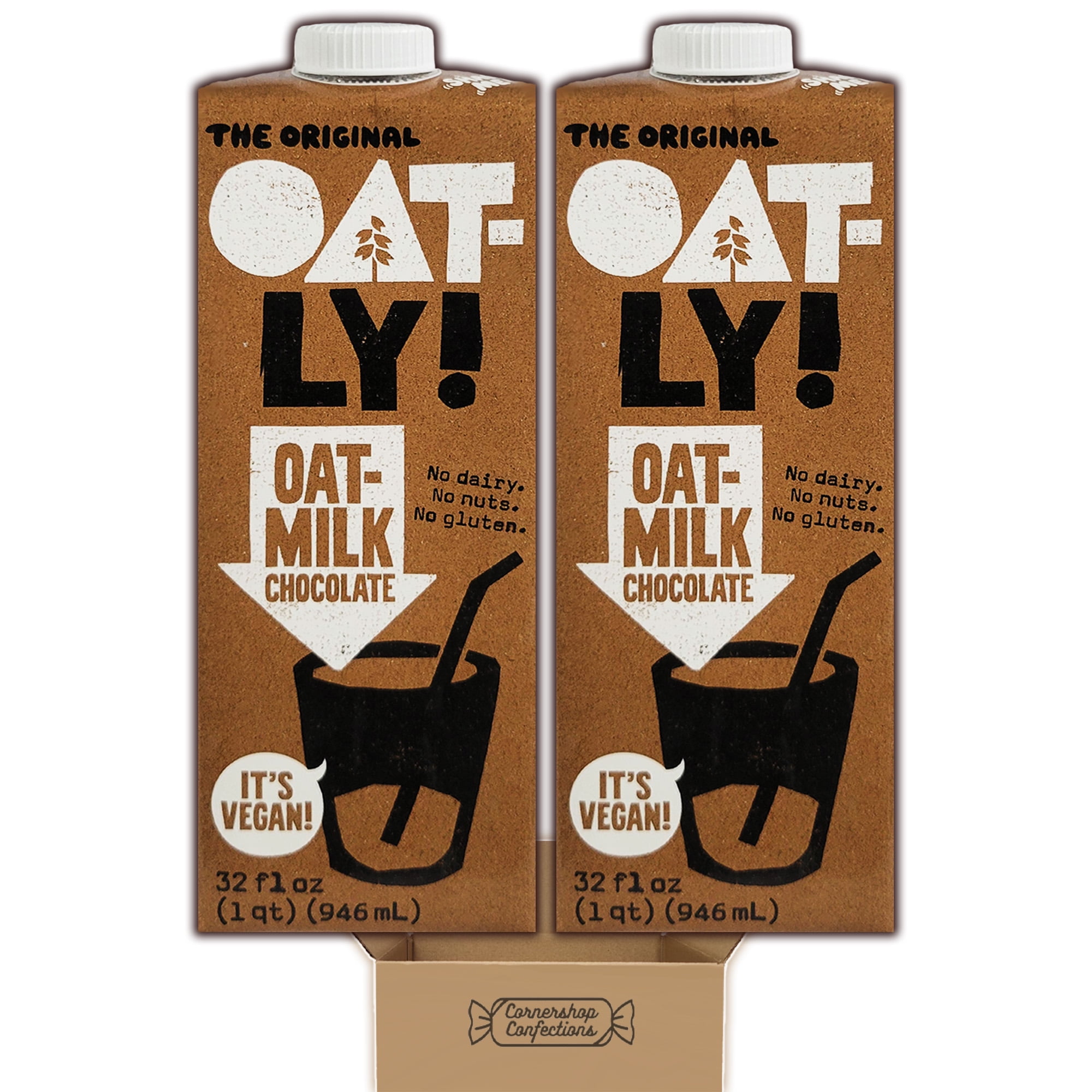 Oatly Original Oat Milk Chocolate Bundle Pack - 2 Individually Sealed 32oz Cartons - No Dairy, No Nuts, Gluten Free, Certified Vegan, Non GMO - For Coffee, Baking in Cornershop Confections Pack